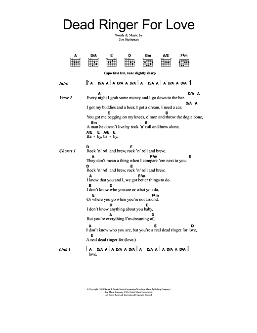 Meat Loaf and Cher Dead Ringer For Love sheet music, chords, lyrics - Printable PDF for Lyrics & Chords