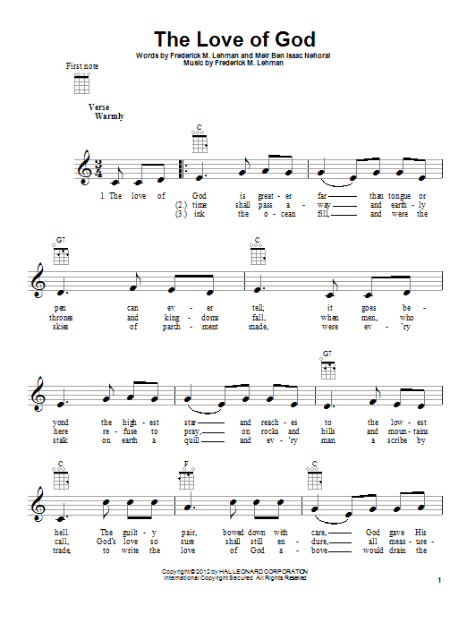 Learn to play Meir Ben Isaac Nehorai The Love Of God sheet music for Ukulele in minutes. Meir Ben Isaac Nehorai The Love Of God sheet music preview music notes and score for Ukulele including 2 page(s)