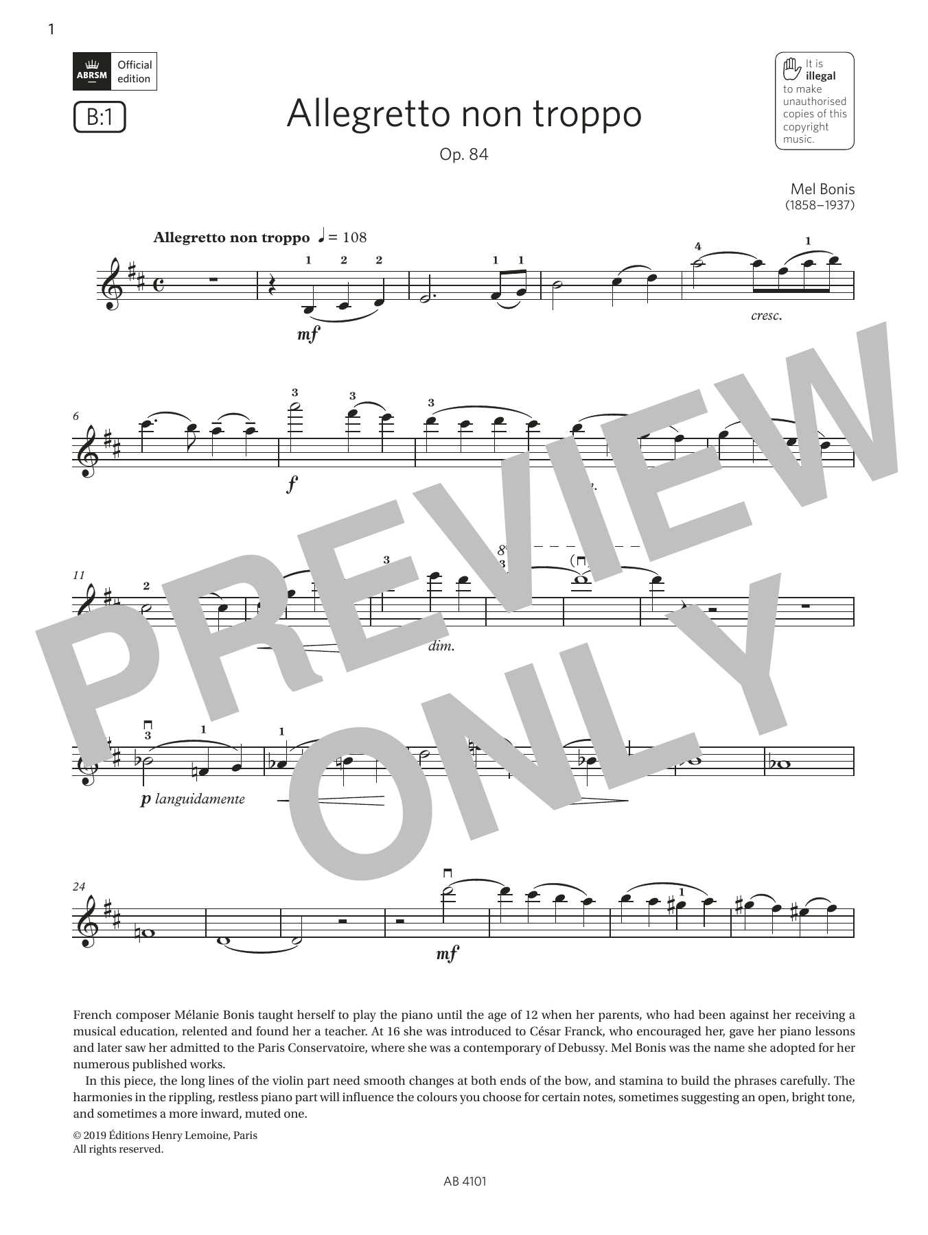 Mel Bonis Allegretto non troppo (Grade 7, B1, from the ABRSM Violin Syllabus from 2024) sheet music, chords, lyrics - Printable PDF for Violin Solo