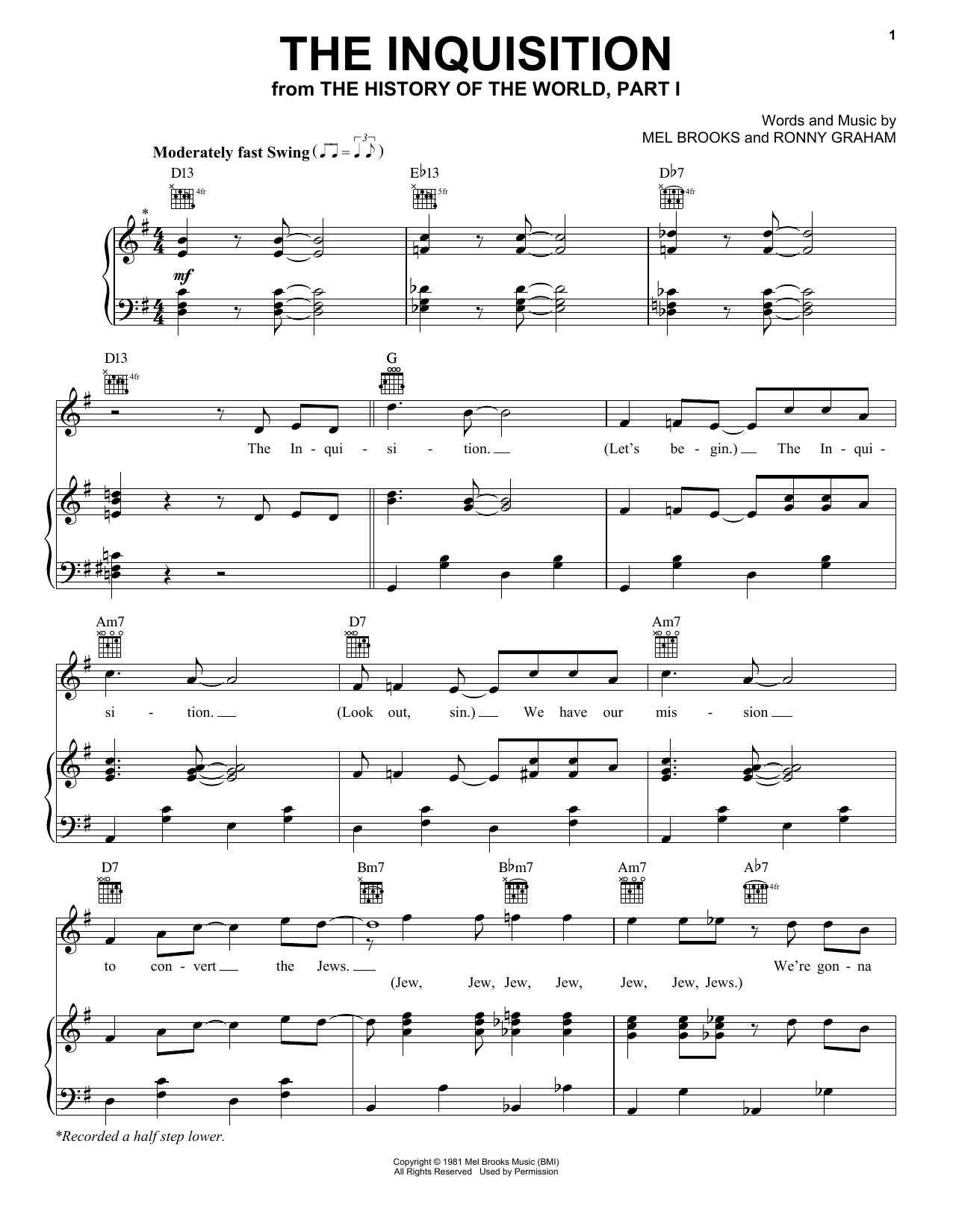 Mel Brooks The Inquisition (from The History Of The World, Part I) sheet music, chords, lyrics - Printable PDF for Piano, Vocal & Guitar (Right-Hand Melody)