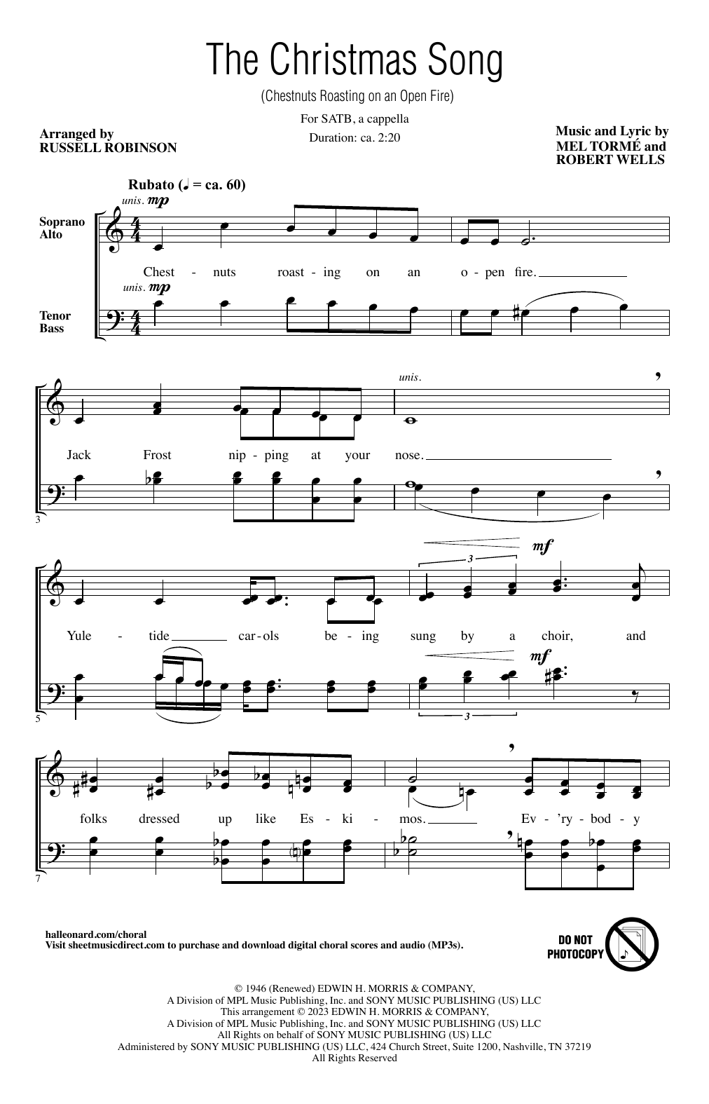 Mel Torme & Robert Wells The Christmas Song (Chestnuts Roasting On An Open Fire) (arr. Russell Robinson) sheet music, chords, lyrics - Printable PDF for SATB Choir