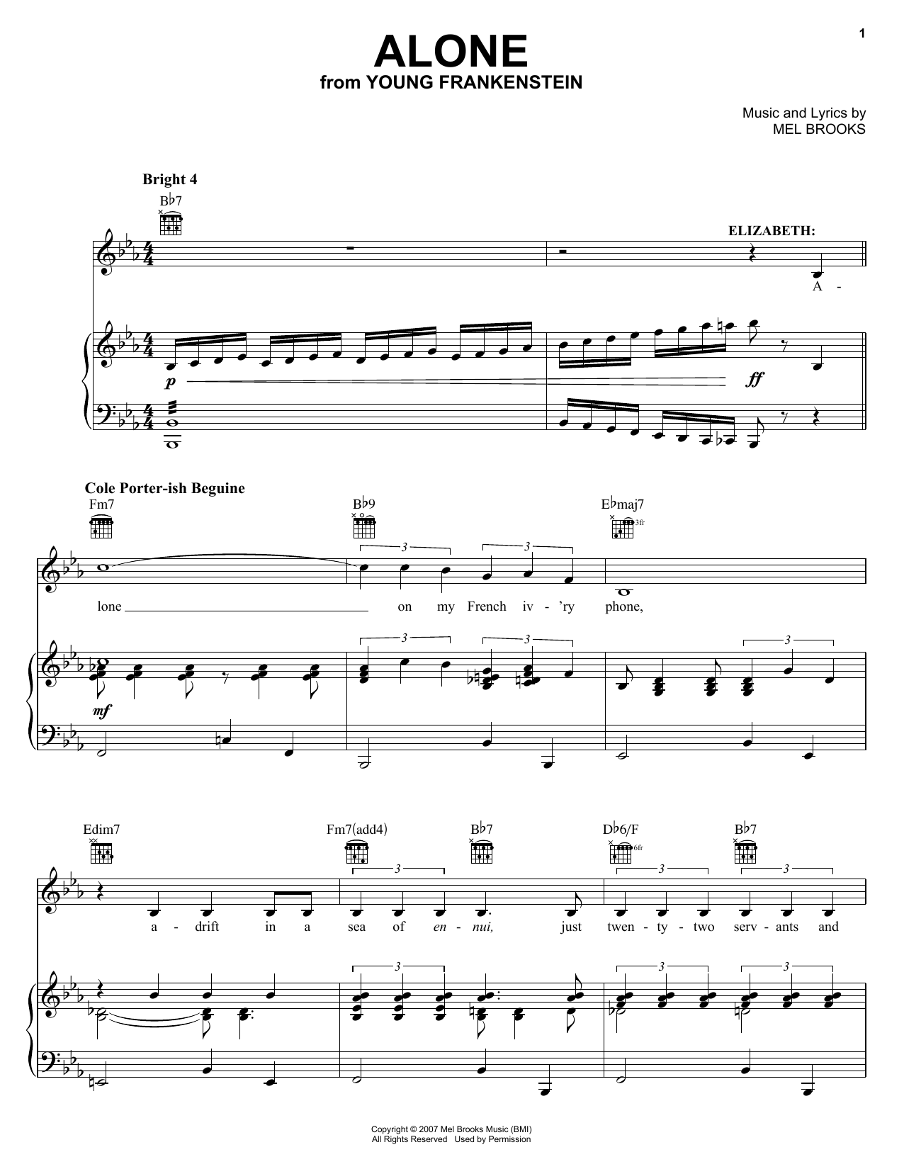 Learn to play Mel Brooks Alone sheet music for Piano, Vocal & Guitar (Right-Hand Melody) in minutes. Mel Brooks Alone sheet music preview music notes and score for Piano, Vocal & Guitar (Right-Hand Melody) including 5 page(s)