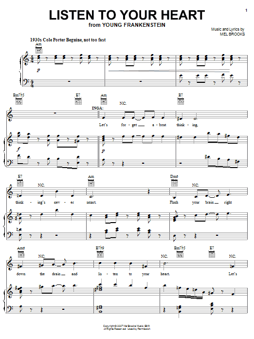 Learn to play Mel Brooks Listen To Your Heart sheet music for Piano, Vocal & Guitar (Right-Hand Melody) in minutes. Mel Brooks Listen To Your Heart sheet music preview music notes and score for Piano, Vocal & Guitar (Right-Hand Melody) including 7 page(s)