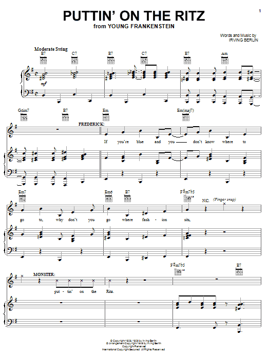 Learn to play Mel Brooks Puttin' On The Ritz sheet music for Piano, Vocal & Guitar (Right-Hand Melody) in minutes. Mel Brooks Puttin' On The Ritz sheet music preview music notes and score for Piano, Vocal & Guitar (Right-Hand Melody) including 9 page(s)