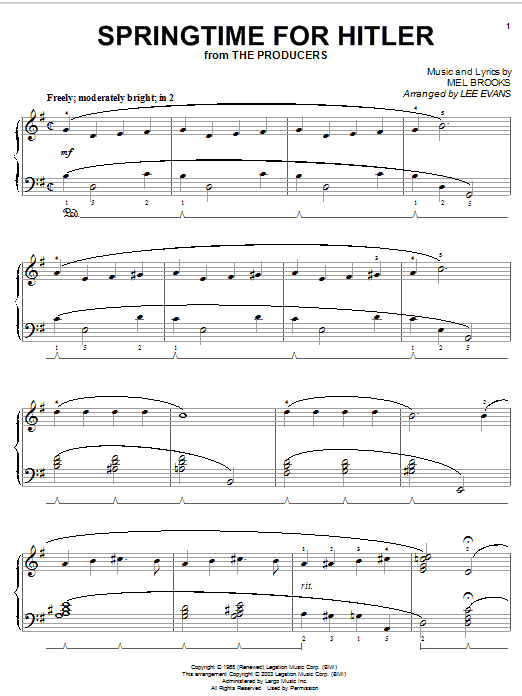 Learn to play Mel Brooks Springtime For Hitler sheet music for Piano in minutes. Mel Brooks Springtime For Hitler sheet music preview music notes and score for Piano including 3 page(s)