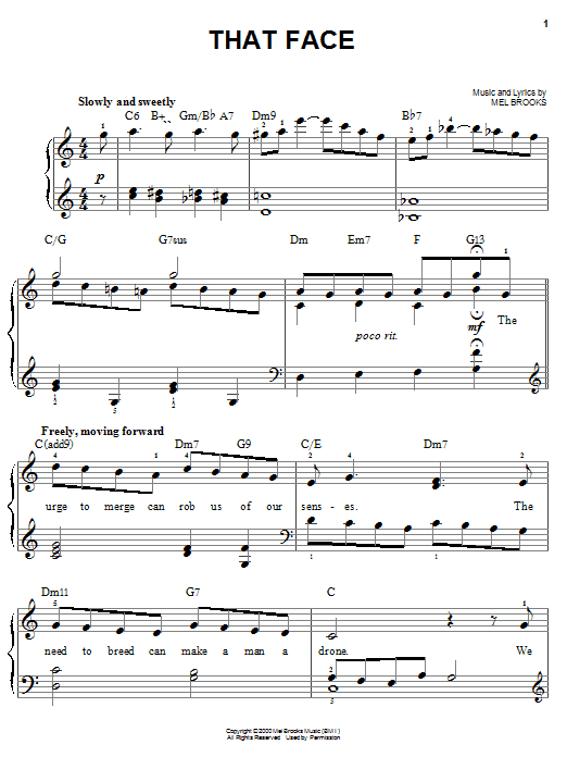 Mel Brooks That Face sheet music preview music notes and score for Piano, Vocal & Guitar (Right-Hand Melody) including 6 page(s)