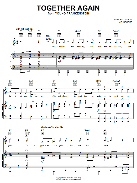 Learn to play Mel Brooks Together Again sheet music for Piano, Vocal & Guitar (Right-Hand Melody) in minutes. Mel Brooks Together Again sheet music preview music notes and score for Piano, Vocal & Guitar (Right-Hand Melody) including 8 page(s)
