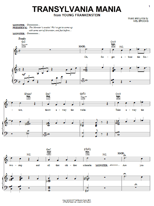 Learn to play Mel Brooks Transylvania Mania sheet music for Piano, Vocal & Guitar (Right-Hand Melody) in minutes. Mel Brooks Transylvania Mania sheet music preview music notes and score for Piano, Vocal & Guitar (Right-Hand Melody) including 12 page(s)