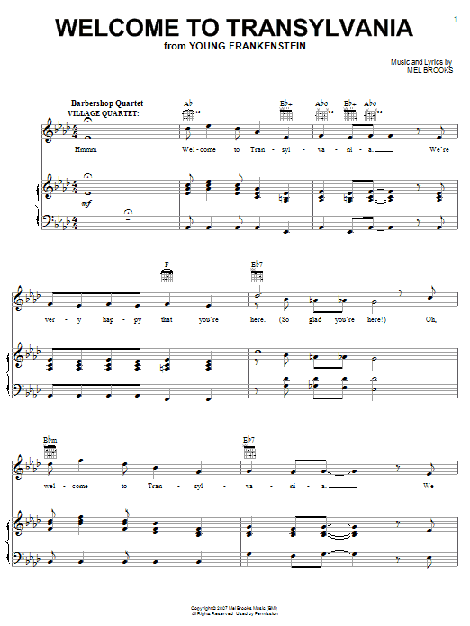 Learn to play Mel Brooks Welcome To Transylvania sheet music for Piano, Vocal & Guitar (Right-Hand Melody) in minutes. Mel Brooks Welcome To Transylvania sheet music preview music notes and score for Piano, Vocal & Guitar (Right-Hand Melody) including 3 page(s)
