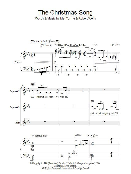 Learn to play Mel Torme The Christmas Song (Chestnuts Roasting On An Open Fire) sheet music for SSA in minutes. Mel Torme The Christmas Song (Chestnuts Roasting On An Open Fire) sheet music preview music notes and score for SSA including 9 page(s)
