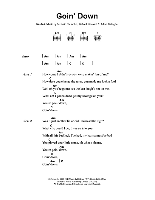 Melanie C Goin' Down sheet music, chords, lyrics - Printable PDF for Lyrics & Chords