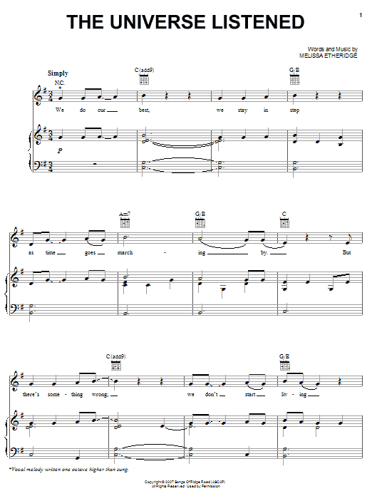 Melissa Etheridge The Universe Listened sheet music, chords, lyrics - Printable PDF for Piano, Vocal & Guitar (Right-Hand Melody)