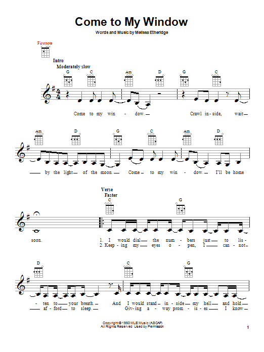 Learn to play Melissa Etheridge Come To My Window sheet music for Lyrics & Piano Chords in minutes. Melissa Etheridge Come To My Window sheet music preview music notes and score for Lyrics & Piano Chords including 4 page(s)