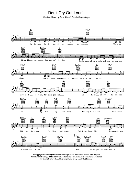 Learn to play Melissa Manchester Don't Cry Out Loud (We Don't Cry Out Loud) sheet music for Melody Line, Lyrics & Chords in minutes. Melissa Manchester Don't Cry Out Loud (We Don't Cry Out Loud) sheet music preview music notes and score for Melody Line, Lyrics & Chords including 2 page(s)