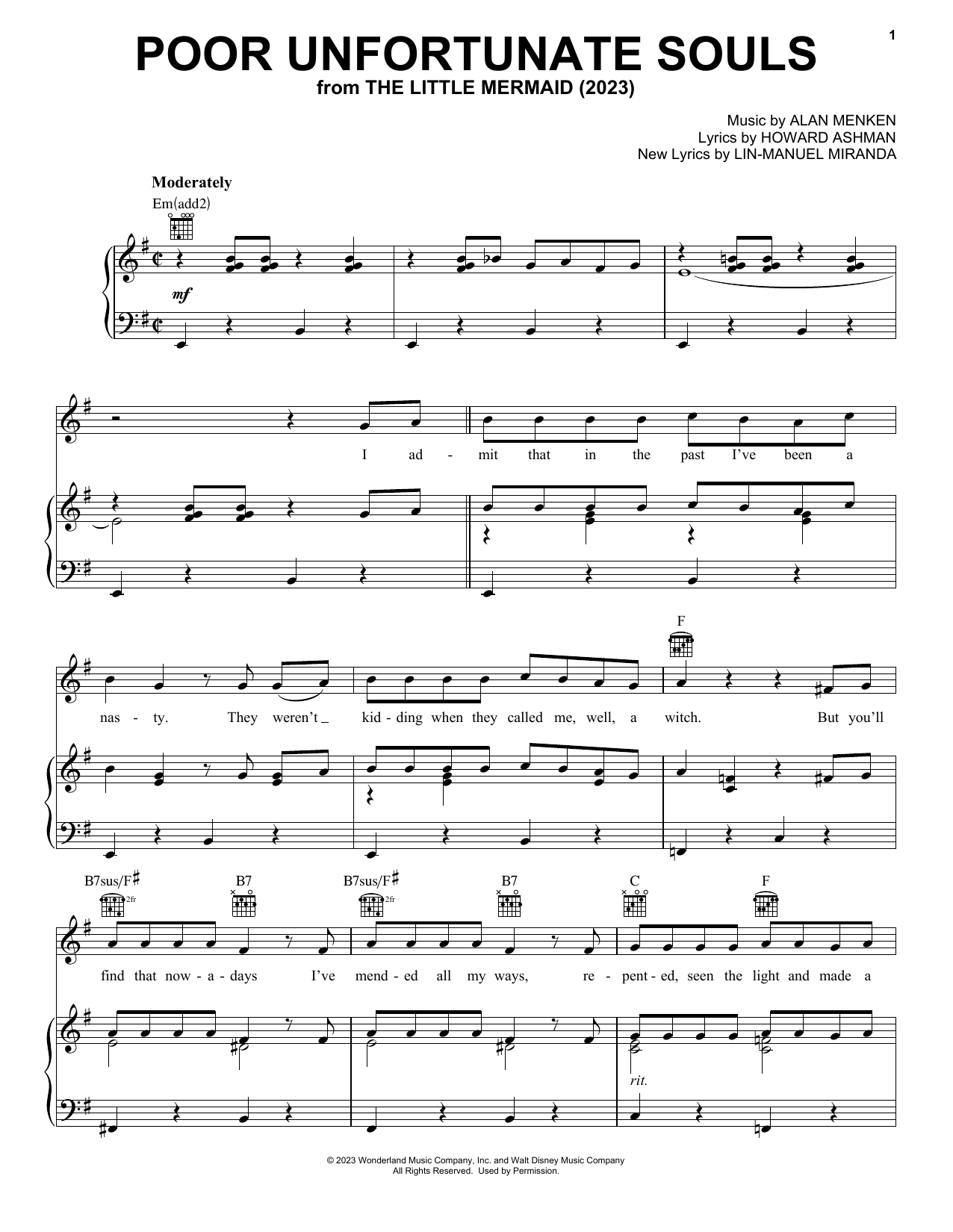 Melissa McCarthy Poor Unfortunate Souls (from The Little Mermaid) (2023) sheet music preview music notes and score for Piano, Vocal & Guitar Chords (Right-Hand Melody) including 6 page(s)