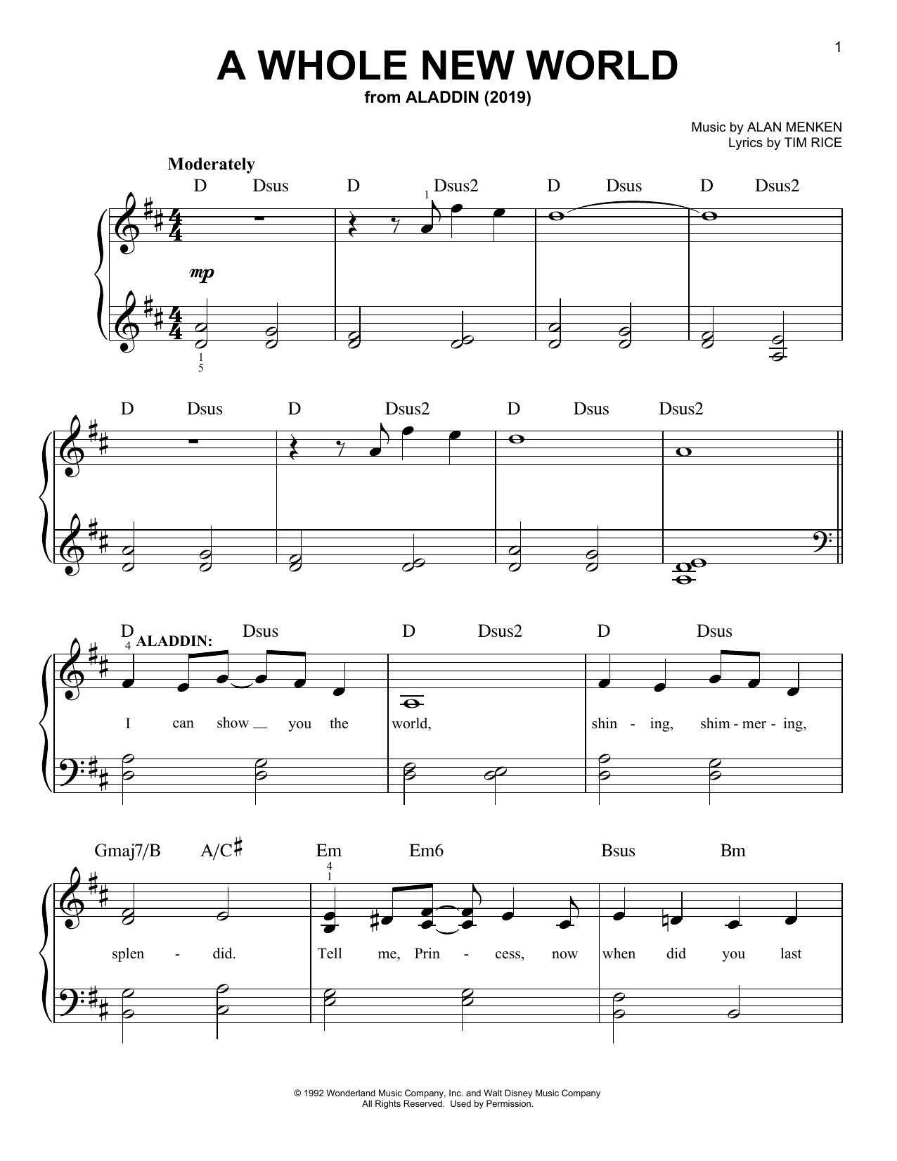 Mena Massoud & Naomi Scott A Whole New World (from Disney's Aladdin) sheet music, chords, lyrics - Printable PDF for Piano, Vocal & Guitar (Right-Hand Melody)