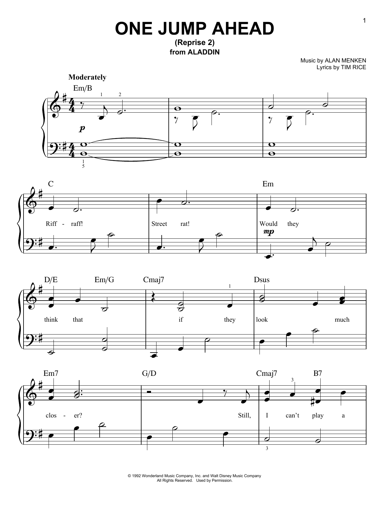 Learn to play Mena Massoud One Jump Ahead (Reprise 2) (from Disney's Aladdin) sheet music for E-Z Play Today in minutes. Mena Massoud One Jump Ahead (Reprise 2) (from Disney's Aladdin) sheet music preview music notes and score for E-Z Play Today including 2 page(s)