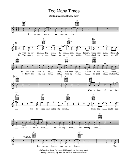 Learn to play Mental As Anything Too Many Times sheet music for Melody Line, Lyrics & Chords in minutes. Mental As Anything Too Many Times sheet music preview music notes and score for Melody Line, Lyrics & Chords including 2 page(s)