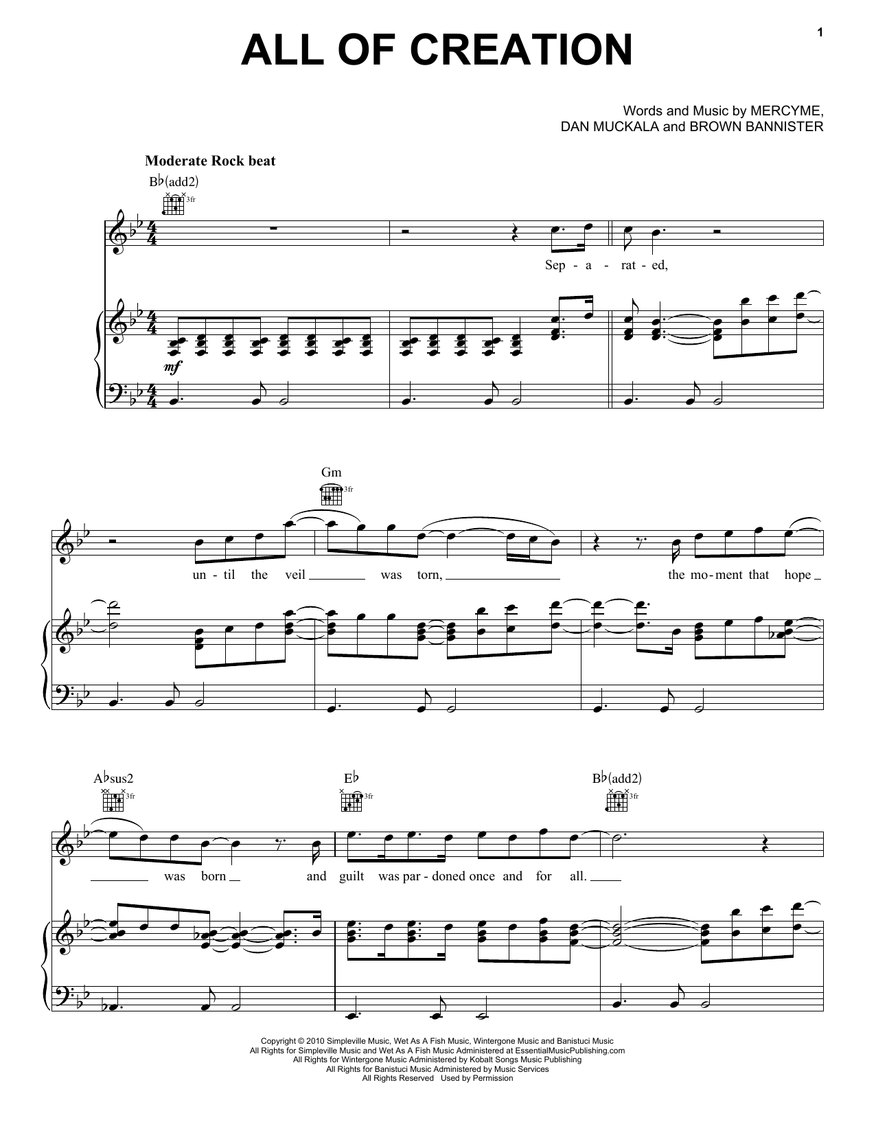 MercyMe All Of Creation sheet music preview music notes and score for Piano, Vocal & Guitar (Right-Hand Melody) including 5 page(s)