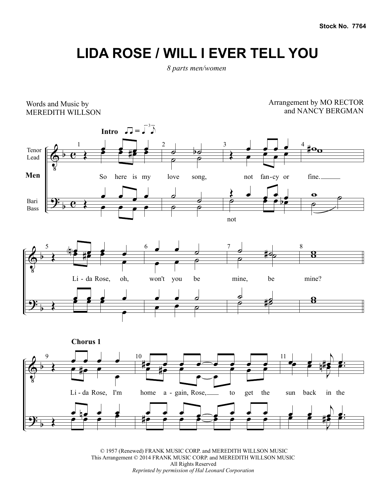 Meredith Willson Lida Rose/Will I Ever Tell You (from The Music Man) (arr. Nancy Bergman, Mo Rector) sheet music, chords, lyrics - Printable PDF for Choir