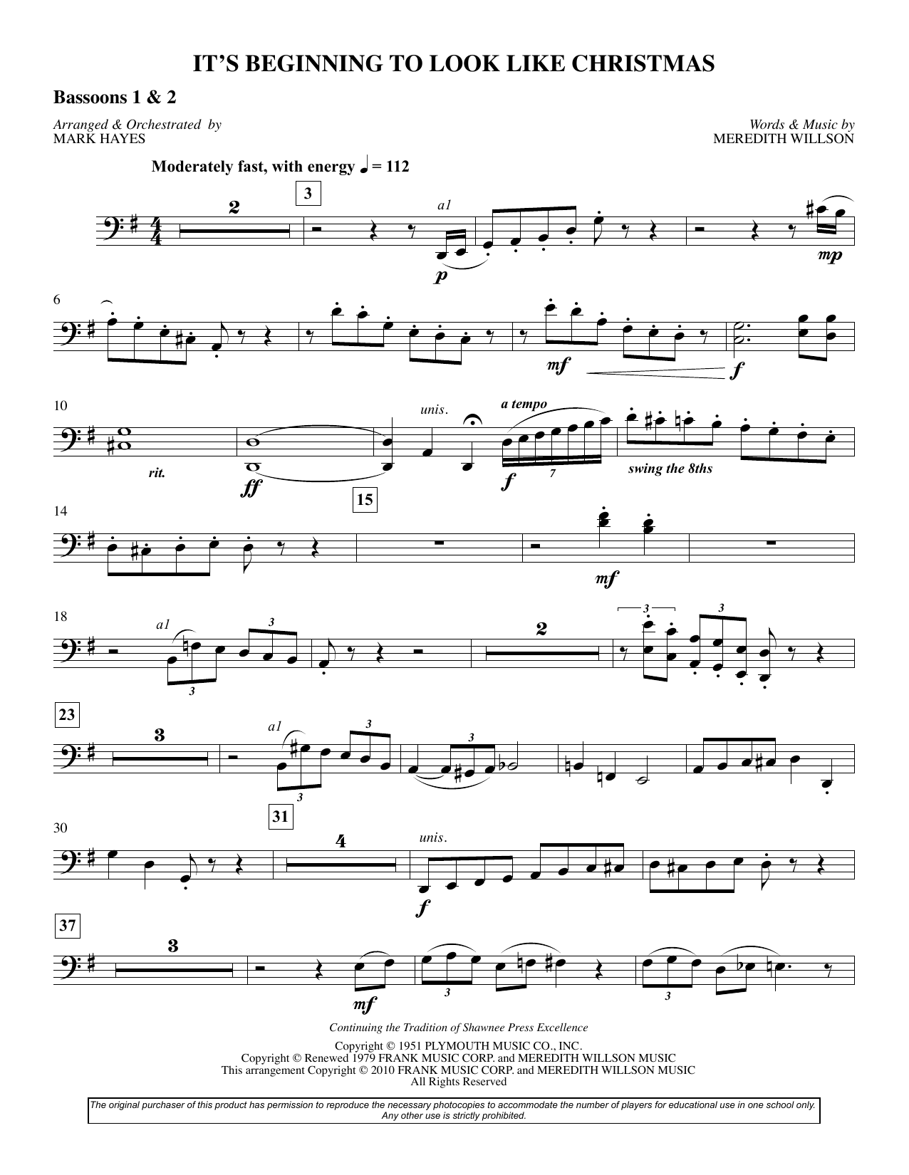 Meredith Willson It's Beginning To Look Like Christmas (arr. Mark Hayes) - Bassoon 1,2 sheet music preview music notes and score for Choir Instrumental Pak including 2 page(s)