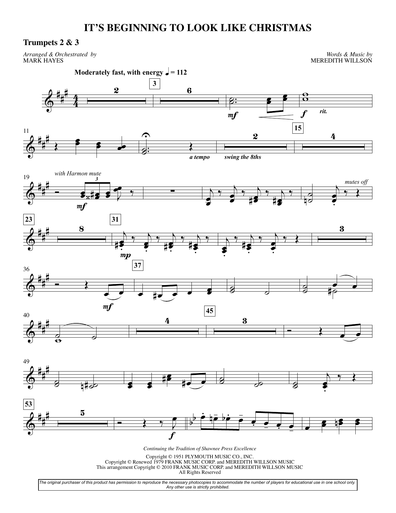 Meredith Willson It's Beginning To Look Like Christmas (arr. Mark Hayes) - Bb Trumpet 2,3 sheet music preview music notes and score for Choir Instrumental Pak including 2 page(s)