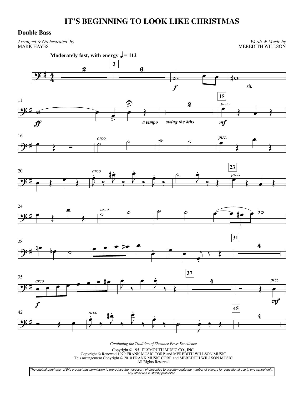 Meredith Willson It's Beginning To Look Like Christmas (arr. Mark Hayes) - Double Bass sheet music preview music notes and score for Choir Instrumental Pak including 2 page(s)