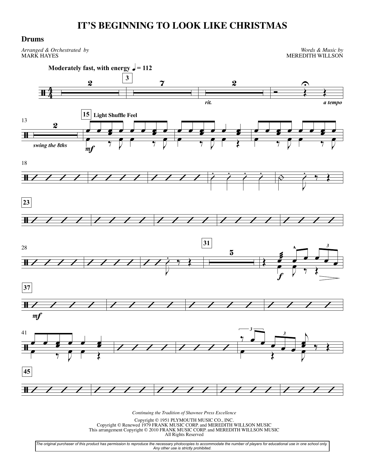 Learn to play Meredith Willson It's Beginning To Look Like Christmas (arr. Mark Hayes) - Drum Set sheet music for Choir Instrumental Pak in minutes. Meredith Willson It's Beginning To Look Like Christmas (arr. Mark Hayes) - Drum Set sheet music preview music notes and score for Choir Instrumental Pak including 2 page(s)