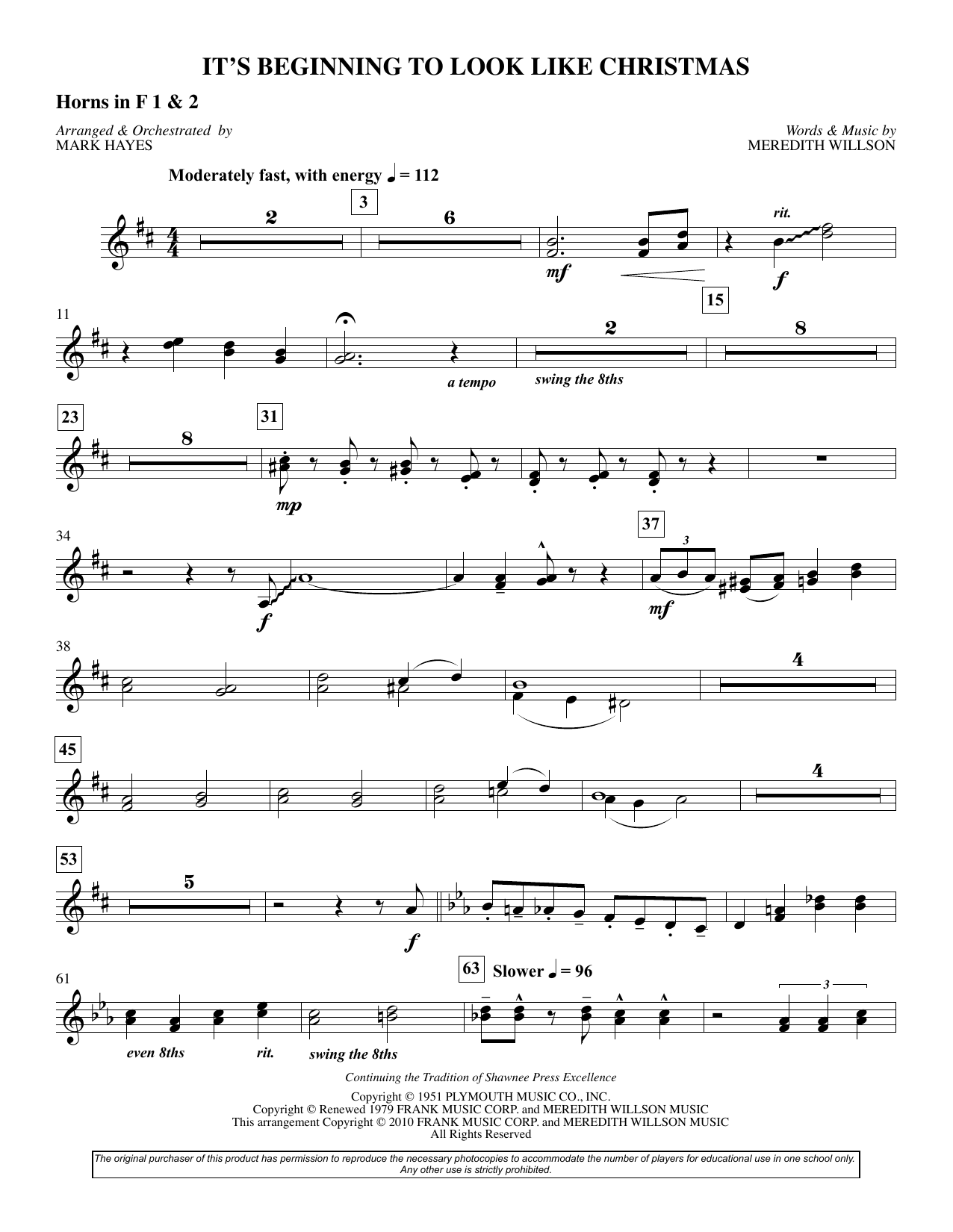 Learn to play Meredith Willson It's Beginning To Look Like Christmas (arr. Mark Hayes) - F Horn 1,2 sheet music for Choir Instrumental Pak in minutes. Meredith Willson It's Beginning To Look Like Christmas (arr. Mark Hayes) - F Horn 1,2 sheet music preview music notes and score for Choir Instrumental Pak including 2 page(s)