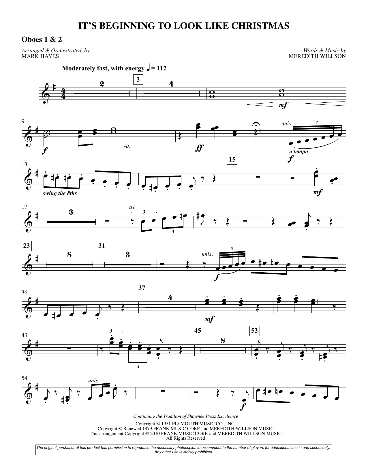 Learn to play Meredith Willson It's Beginning To Look Like Christmas (arr. Mark Hayes) - Oboe 1,2 sheet music for Choir Instrumental Pak in minutes. Meredith Willson It's Beginning To Look Like Christmas (arr. Mark Hayes) - Oboe 1,2 sheet music preview music notes and score for Choir Instrumental Pak including 2 page(s)