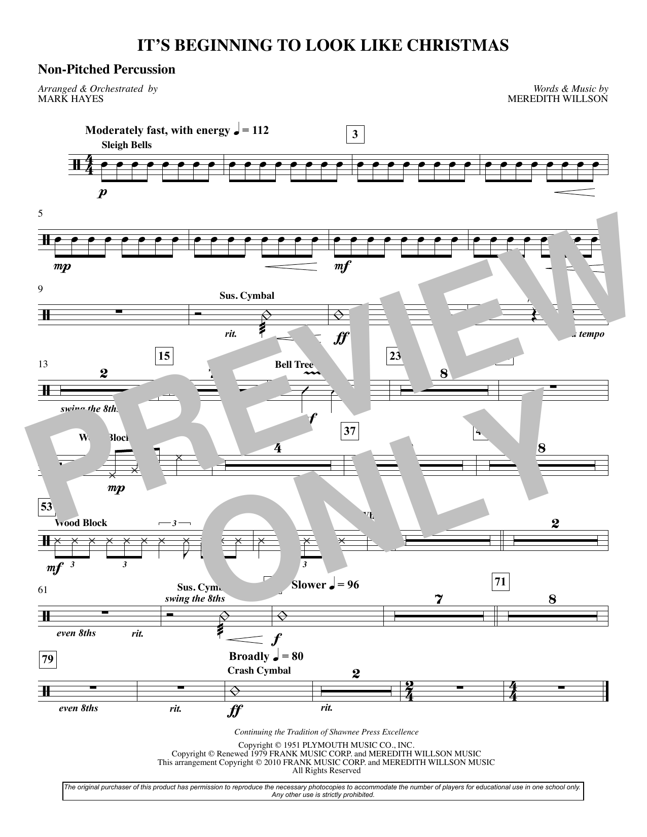 Meredith Willson It's Beginning To Look Like Christmas (arr. Mark Hayes) - Percussion sheet music preview music notes and score for Choir Instrumental Pak including 1 page(s)
