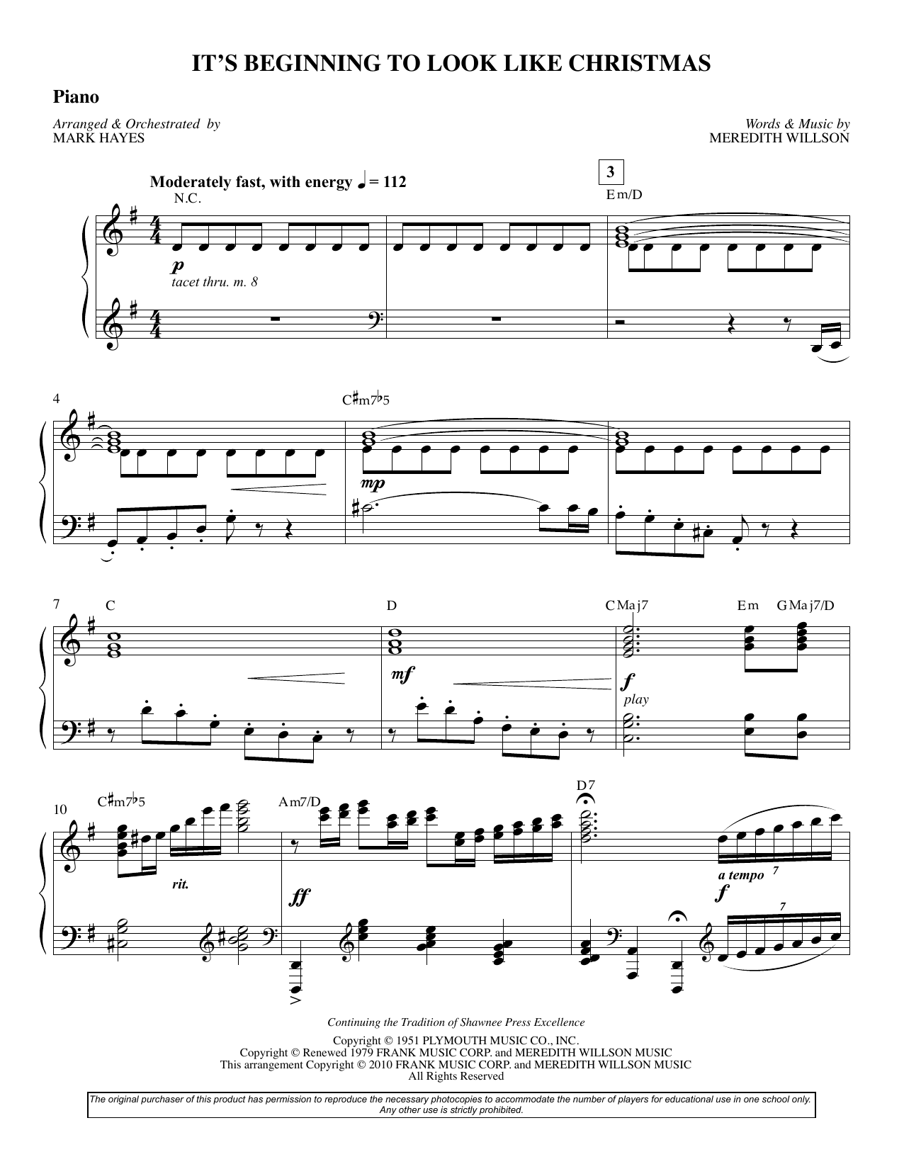 Learn to play Meredith Willson It's Beginning To Look Like Christmas (arr. Mark Hayes) - Piano sheet music for Choir Instrumental Pak in minutes. Meredith Willson It's Beginning To Look Like Christmas (arr. Mark Hayes) - Piano sheet music preview music notes and score for Choir Instrumental Pak including 6 page(s)