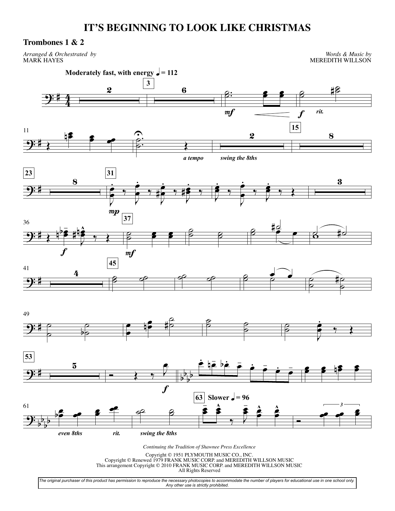 Meredith Willson It's Beginning To Look Like Christmas (arr. Mark Hayes) - Trombone 1,2 sheet music preview music notes and score for Choir Instrumental Pak including 2 page(s)