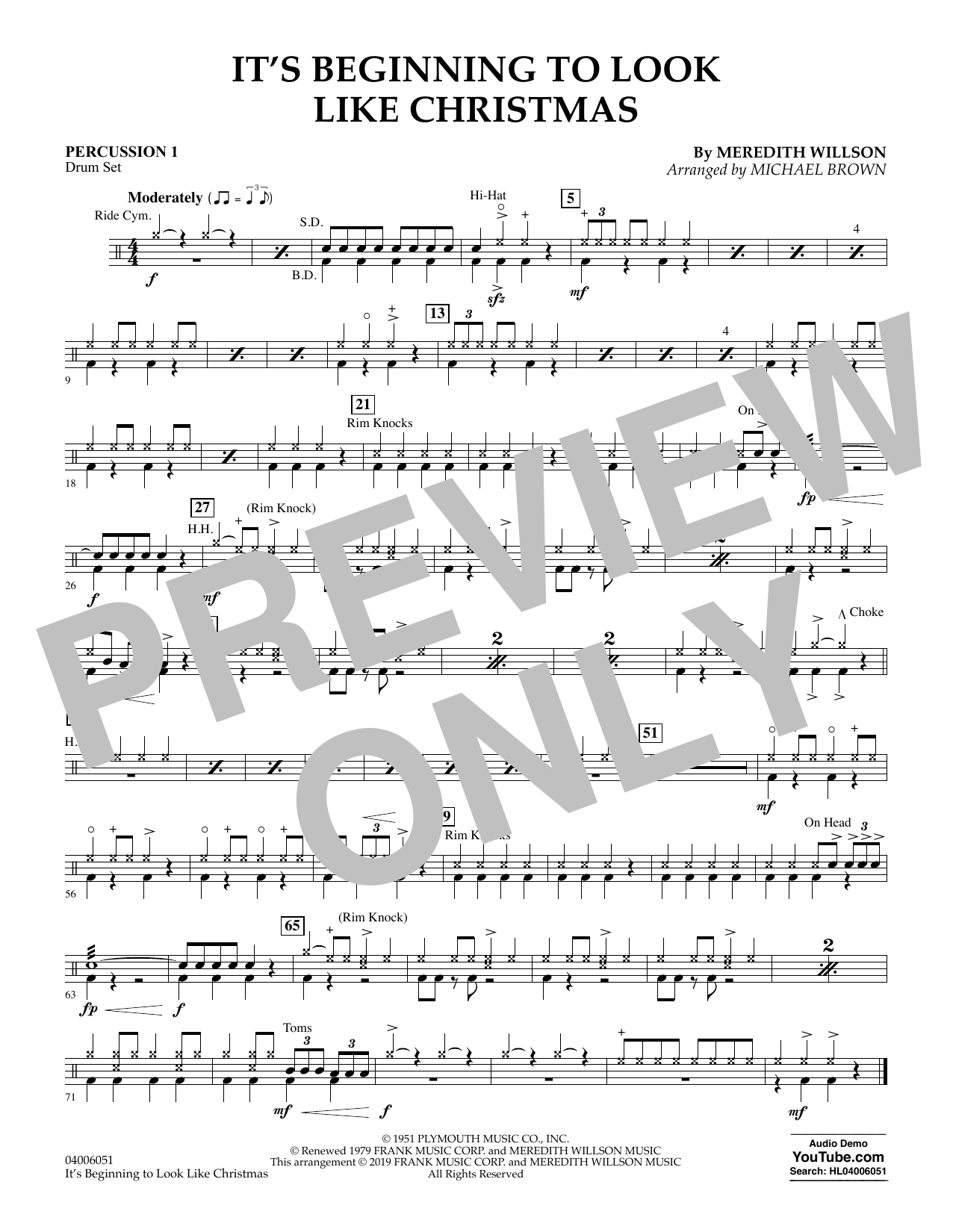 Meredith Willson It's Beginning to Look Like Christmas (arr. Michael Brown) - Percussion 1 sheet music preview music notes and score for Concert Band including 1 page(s)