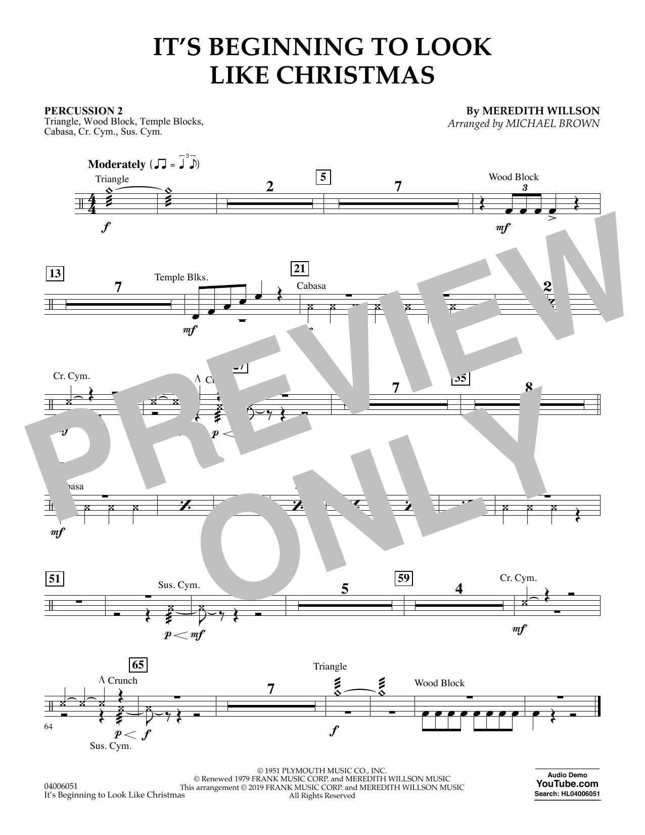 Meredith Willson It's Beginning to Look Like Christmas (arr. Michael Brown) - Percussion 2 sheet music preview music notes and score for Concert Band including 1 page(s)