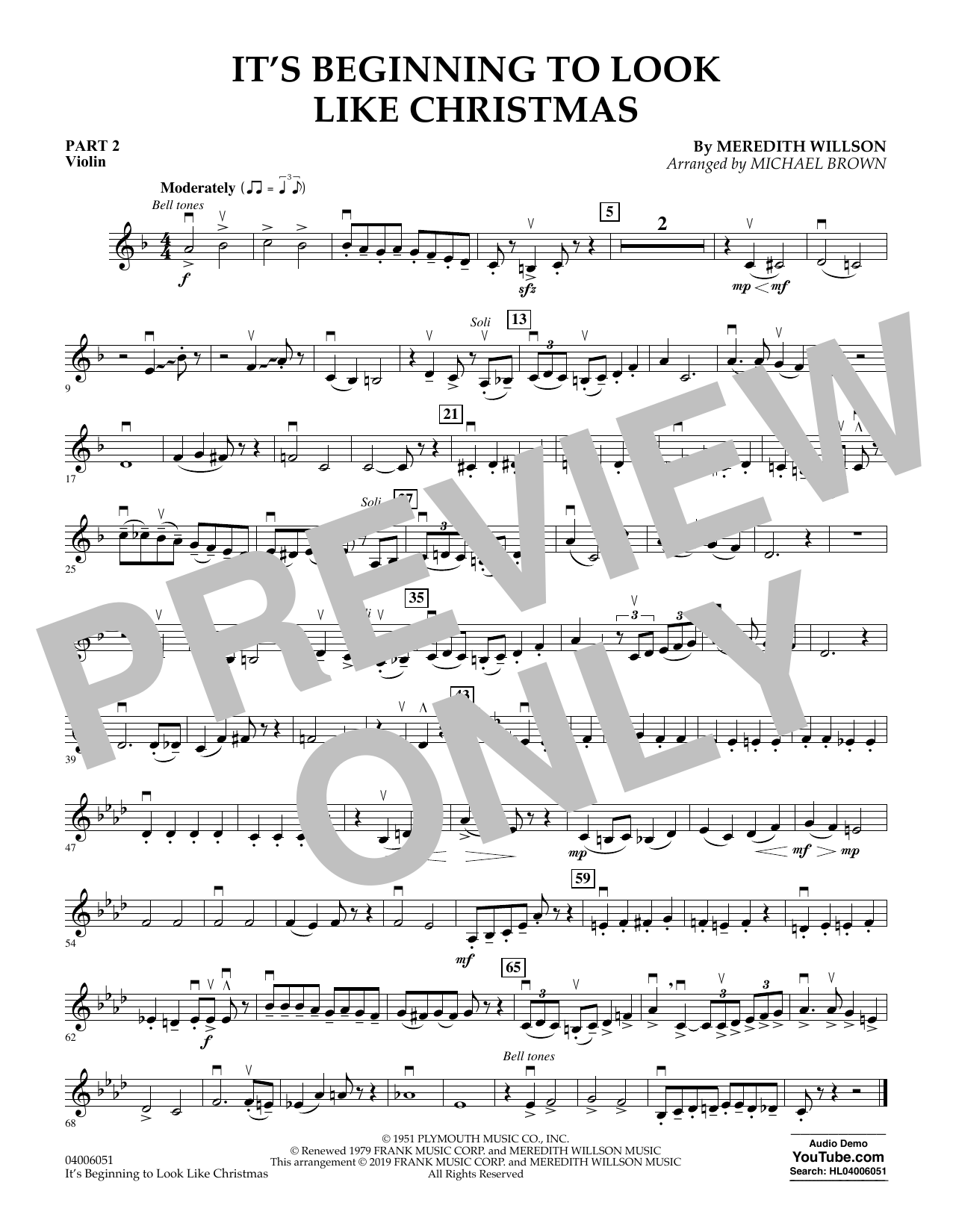 Meredith Willson It's Beginning to Look Like Christmas (arr. Michael Brown) - Pt.2 - Violin sheet music preview music notes and score for Concert Band including 1 page(s)