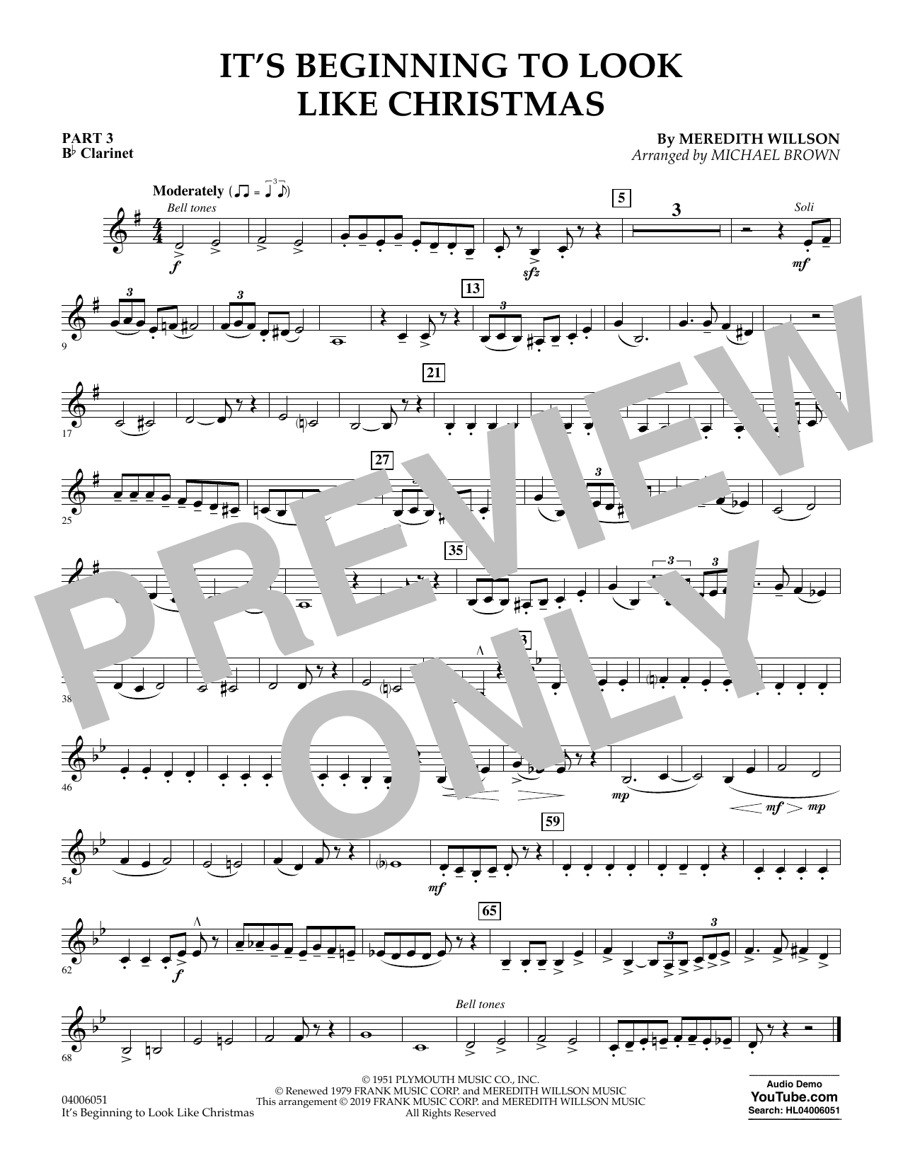 Meredith Willson It's Beginning to Look Like Christmas (arr. Michael Brown) - Pt.3 - Bb Clarinet sheet music preview music notes and score for Concert Band including 1 page(s)