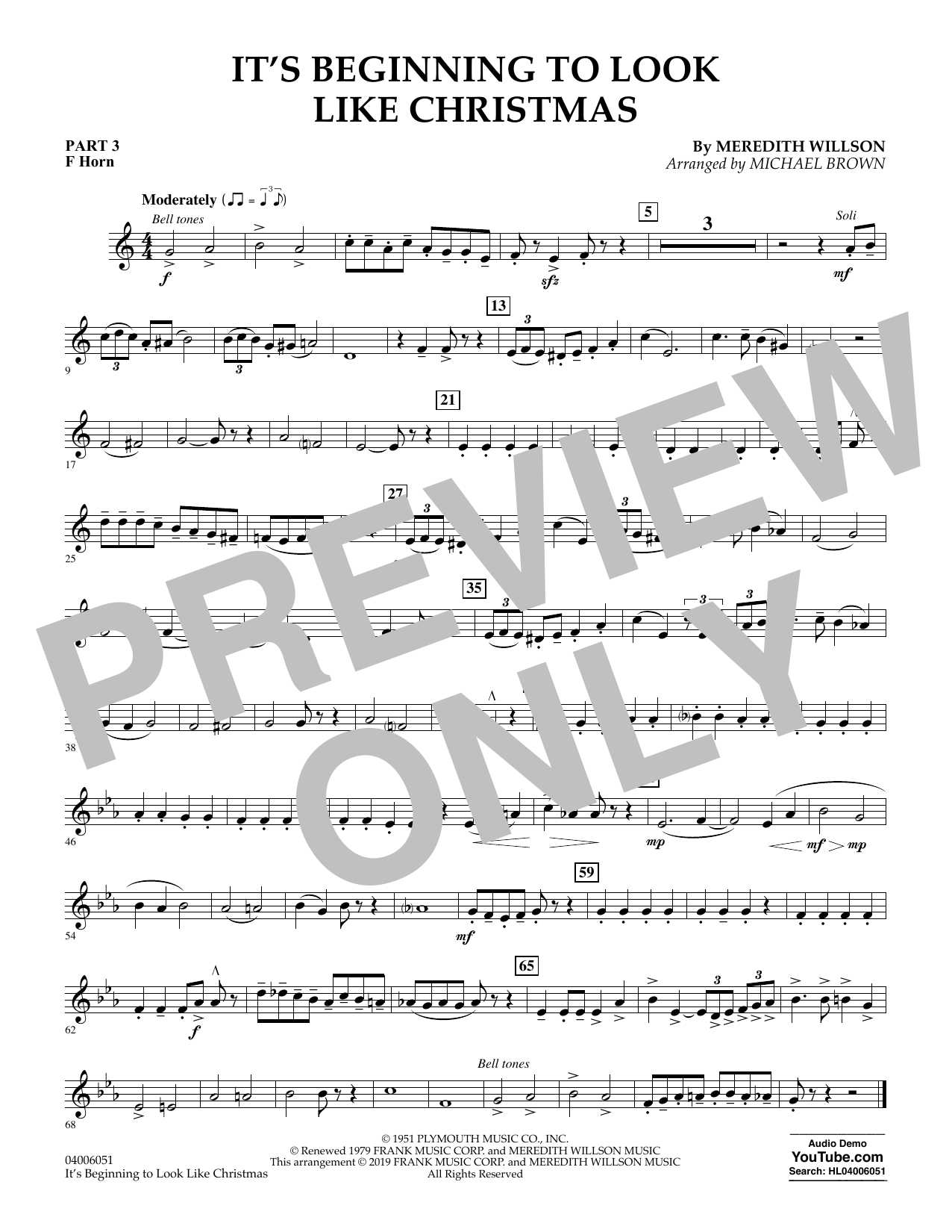 Meredith Willson It's Beginning to Look Like Christmas (arr. Michael Brown) - Pt.3 - F Horn sheet music preview music notes and score for Concert Band including 1 page(s)