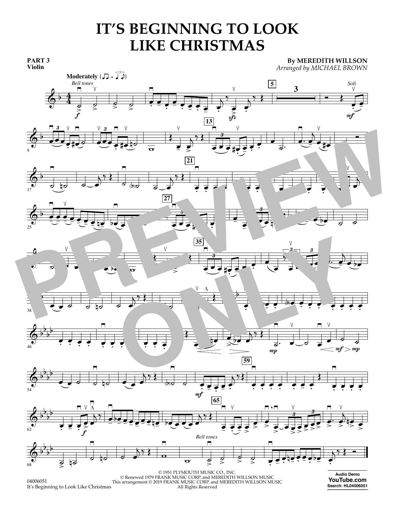 Meredith Willson It's Beginning to Look Like Christmas (arr. Michael Brown) - Pt.3 - Violin sheet music preview music notes and score for Concert Band including 1 page(s)