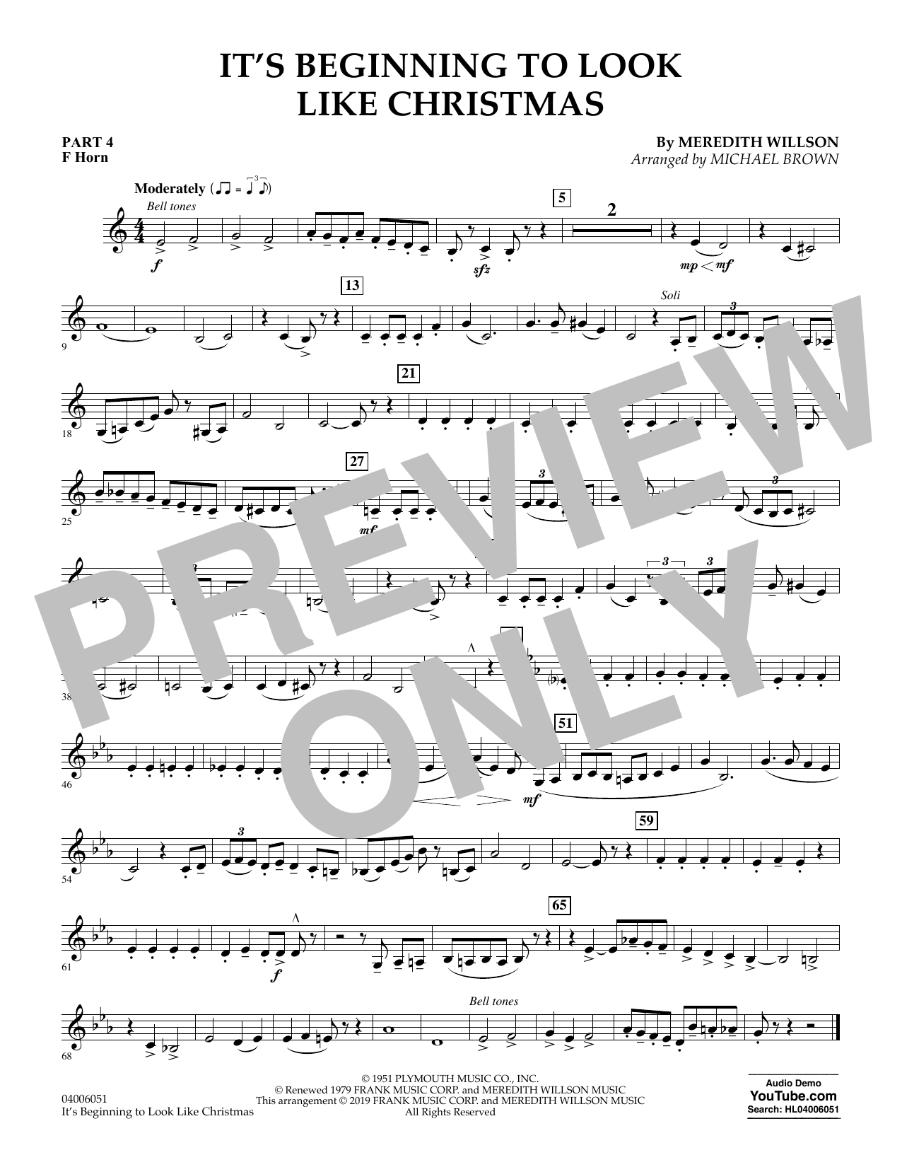 Meredith Willson It's Beginning to Look Like Christmas (arr. Michael Brown) - Pt.4 - F Horn sheet music preview music notes and score for Concert Band including 1 page(s)