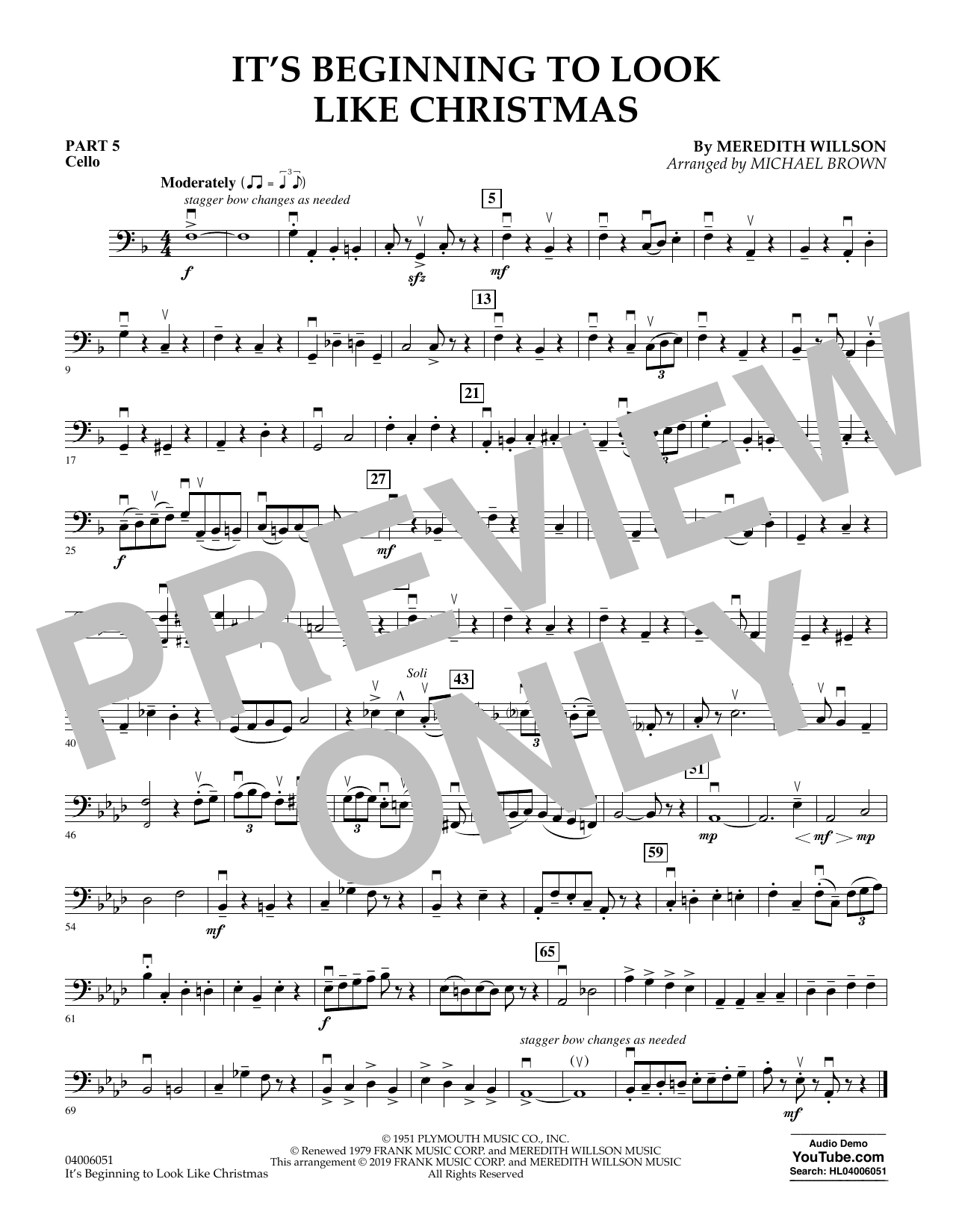 Learn to play Meredith Willson It's Beginning to Look Like Christmas (arr. Michael Brown) - Pt.5 - Cello sheet music for Concert Band in minutes. Meredith Willson It's Beginning to Look Like Christmas (arr. Michael Brown) - Pt.5 - Cello sheet music preview music notes and score for Concert Band including 1 page(s)