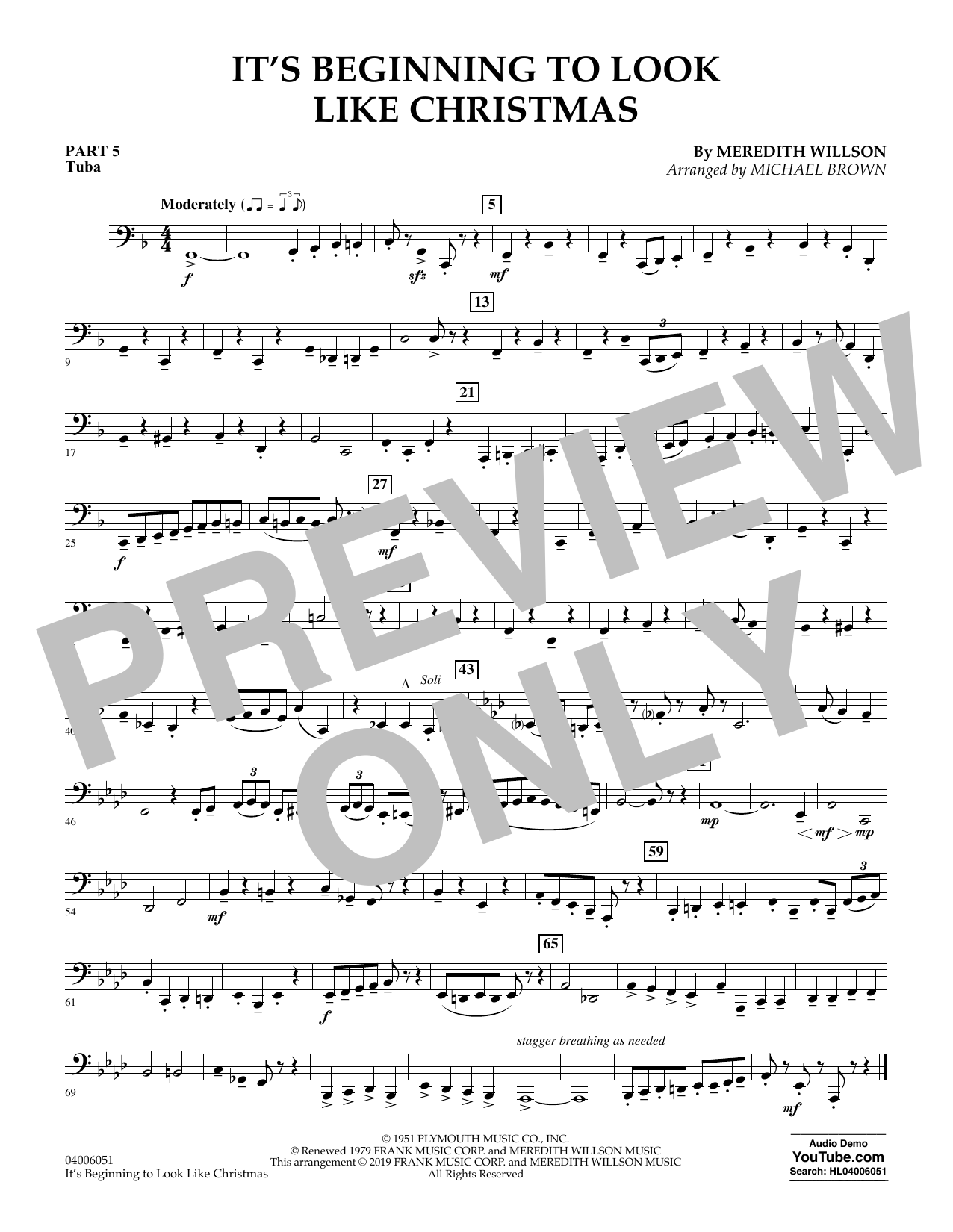 Meredith Willson It's Beginning to Look Like Christmas (arr. Michael Brown) - Pt.5 - Tuba sheet music preview music notes and score for Concert Band including 1 page(s)