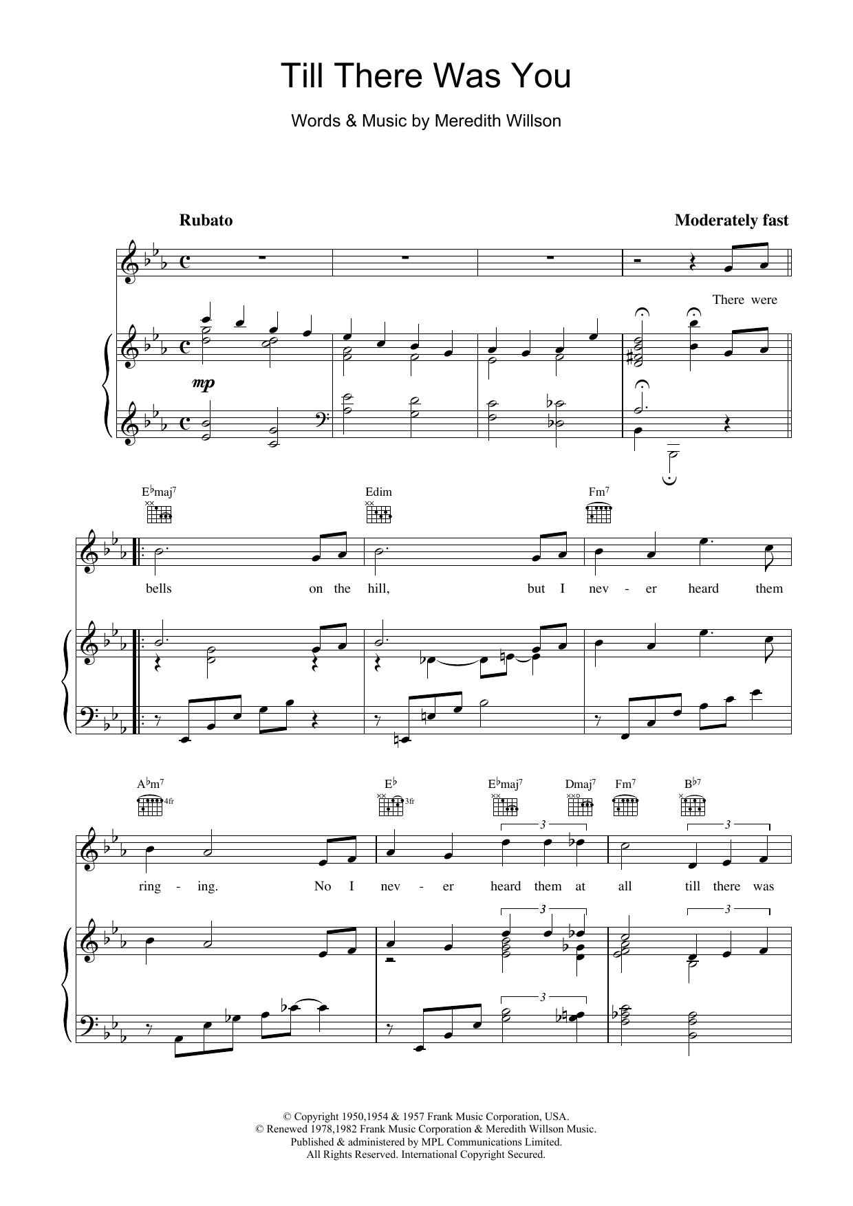 Meredith Willson Till There Was You sheet music preview music notes and score for Piano, Vocal & Guitar (Right-Hand Melody) including 3 page(s)