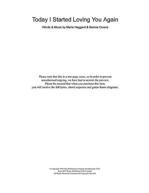 Learn to play Merle Haggard Today I Started Loving You Again sheet music for Piano in minutes. Merle Haggard Today I Started Loving You Again sheet music preview music notes and score for Piano including 3 page(s)