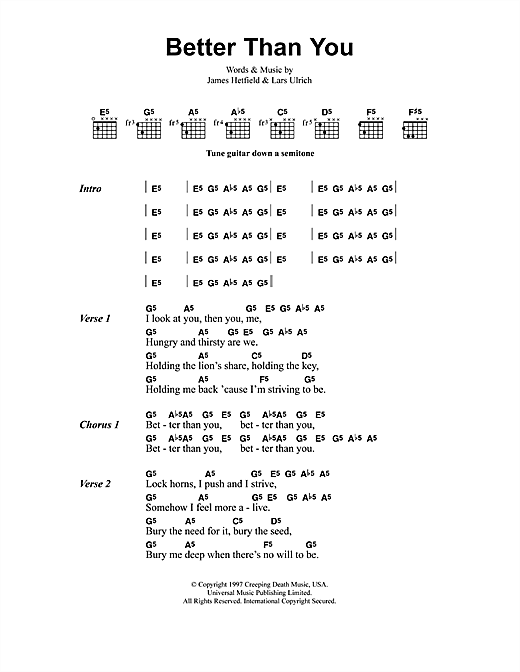 Learn to play Metallica Better Than You sheet music for Guitar Tab in minutes. Metallica Better Than You sheet music preview music notes and score for Guitar Tab including 12 page(s)