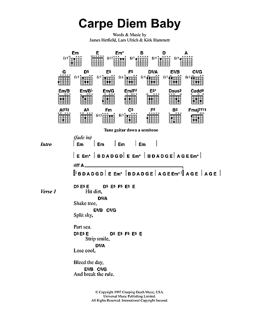 Learn to play Metallica Carpe Diem Baby sheet music for Guitar Tab in minutes. Metallica Carpe Diem Baby sheet music preview music notes and score for Guitar Tab including 11 page(s)