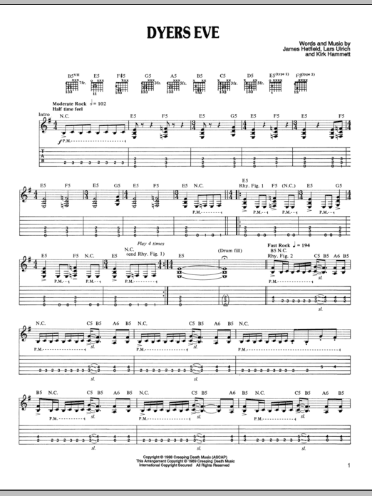 Metallica Dyers Eve sheet music preview music notes and score for Guitar Tab including 8 page(s)