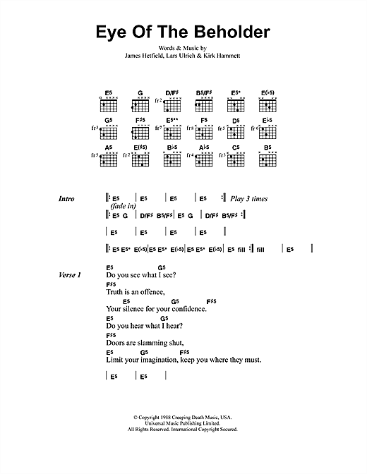Learn to play Metallica Eye Of The Beholder sheet music for Guitar Tab in minutes. Metallica Eye Of The Beholder sheet music preview music notes and score for Guitar Tab including 8 page(s)