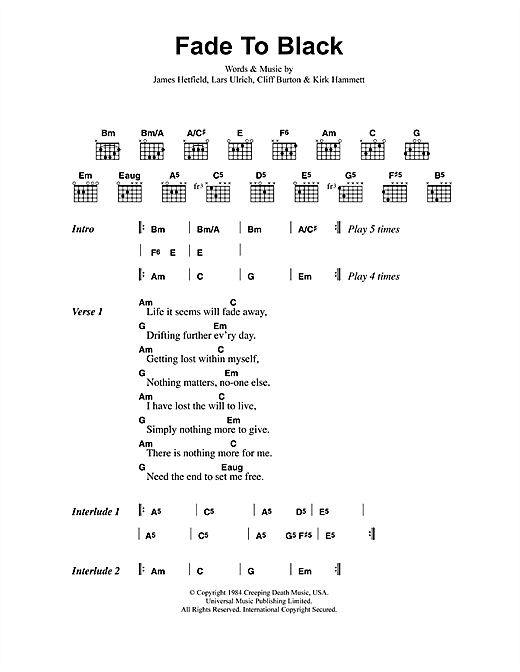 Learn to play Metallica Fade To Black sheet music for Easy Guitar Tab in minutes. Metallica Fade To Black sheet music preview music notes and score for Easy Guitar Tab including 4 page(s)
