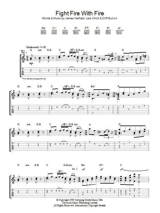 Learn to play Metallica Fight Fire With Fire sheet music for Guitar Tab in minutes. Metallica Fight Fire With Fire sheet music preview music notes and score for Guitar Tab including 7 page(s)